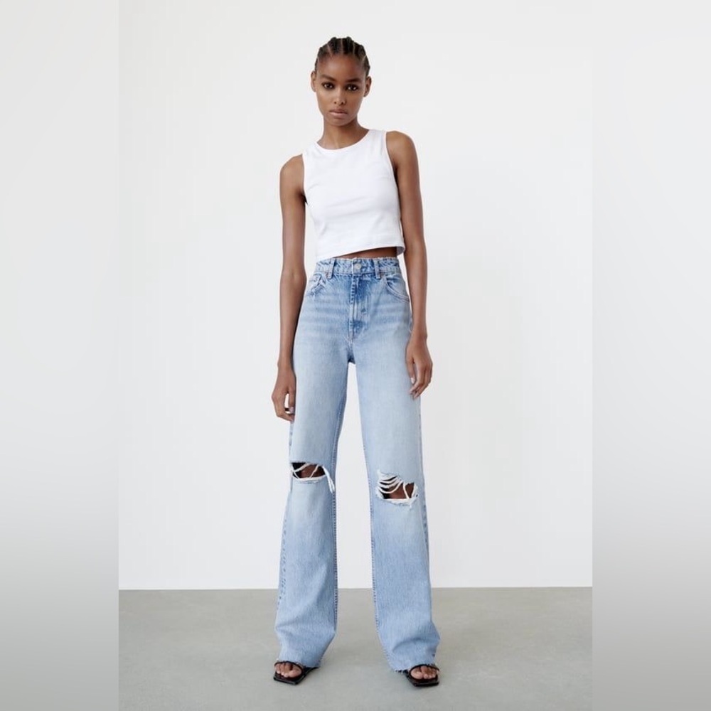 Zara Light Blue Wide Leg Ripped Jeans